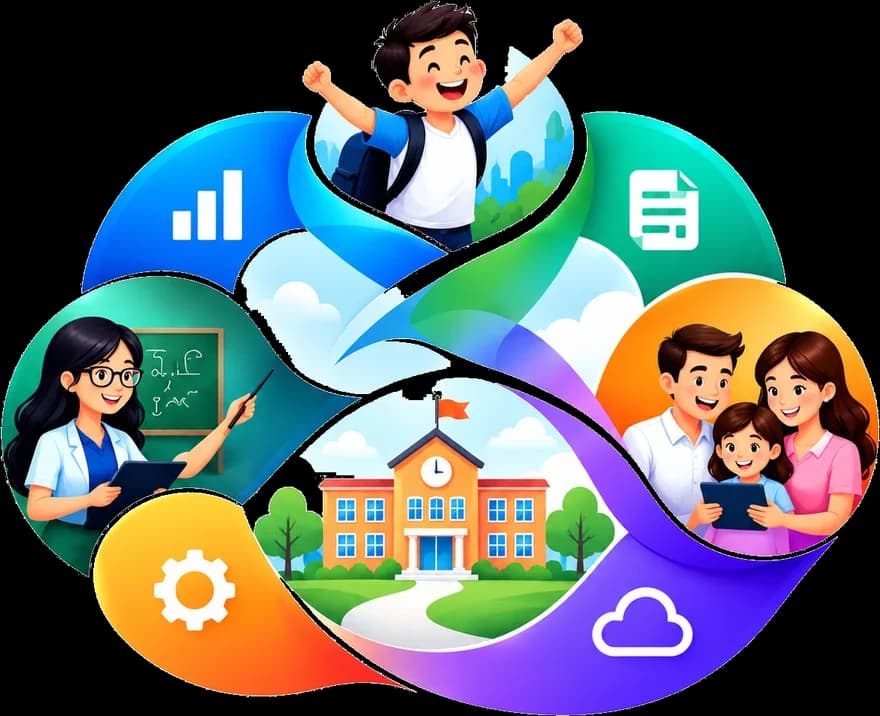 NetCyberAI illustration: a student, a teacher, a family and a school connected by one colourful ribbon